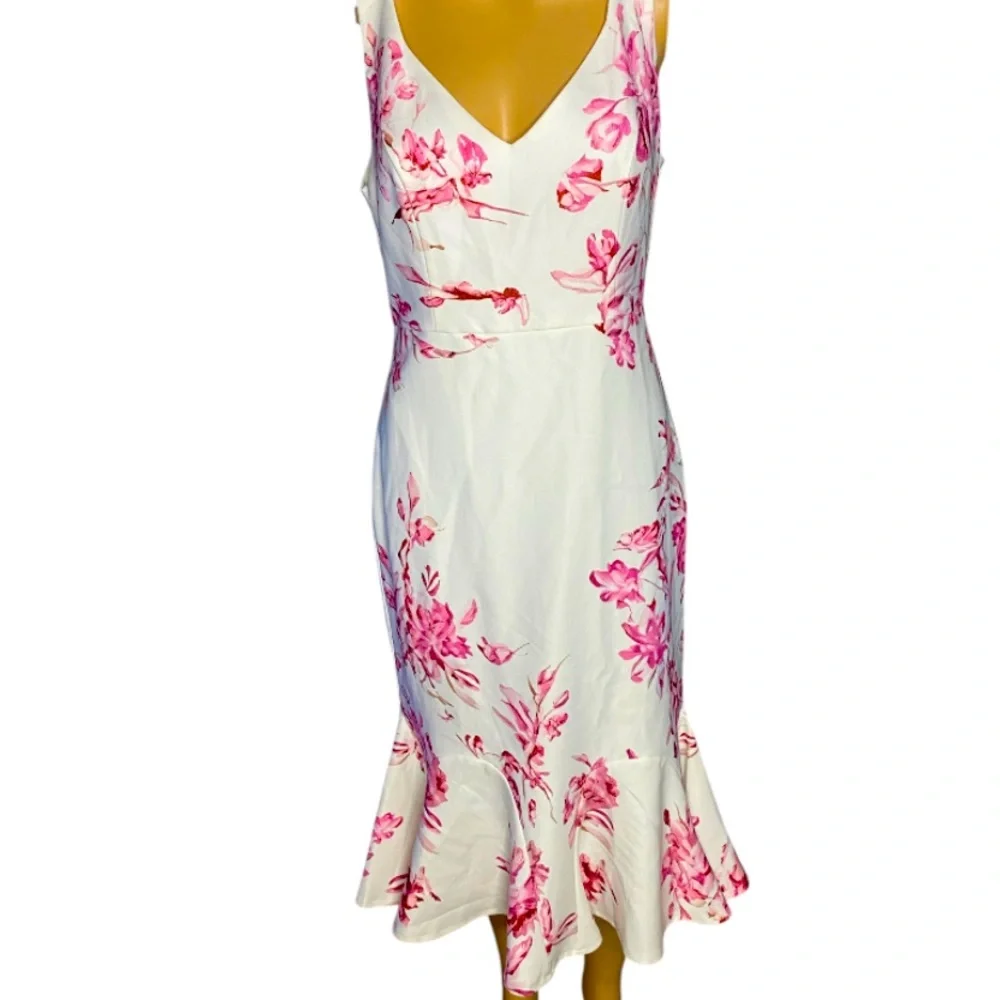 FEHAUTE Pink Floral Mermaid Skirt V Neck Sleeveless Mermaid Midi Dress Size 4 - Picture 8 of 11